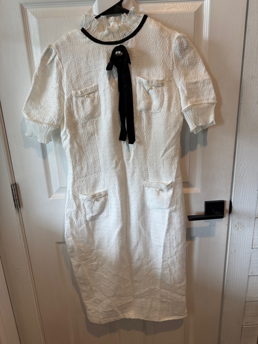 White Midi Tweed Dress with Black Ribbon